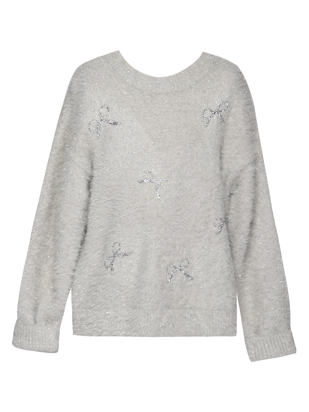 FUZZY METALLIC SWEATER W/ SEQUIN BOWS
