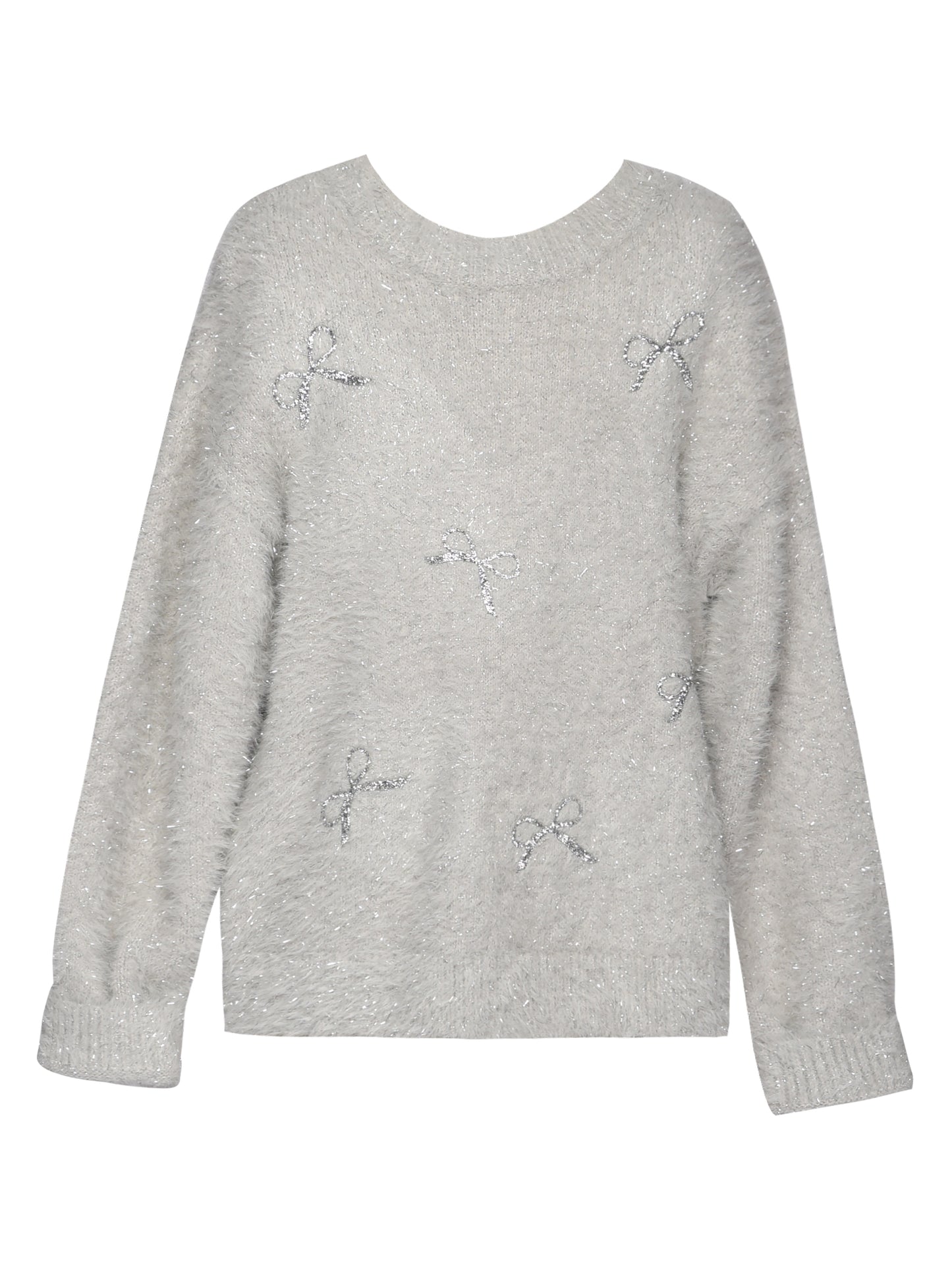 FUZZY METALLIC SWEATER W/ SEQUIN BOWS