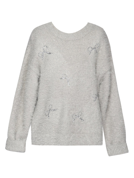 FUZZY METALLIC SWEATER W/ SEQUIN BOWS