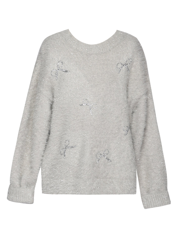 FUZZY METALLIC SWEATER W/ SEQUIN BOWS