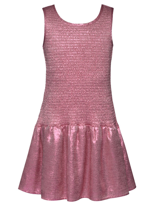 SHIMMER SHIRRED DROP WAIST DRESS
