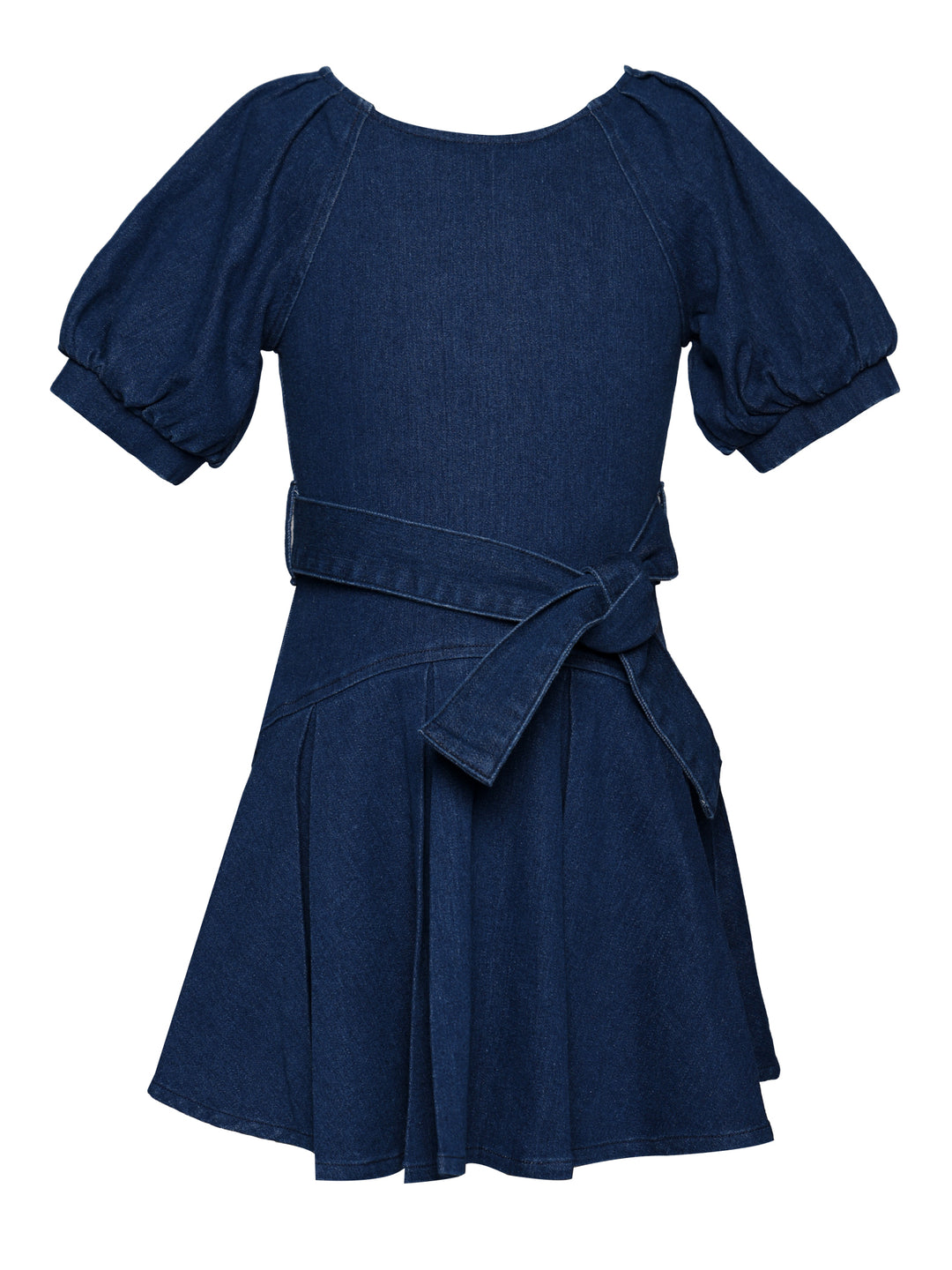 DEMIM PUFF SLEEVE FIT & FLARE DRESS WITH SASH