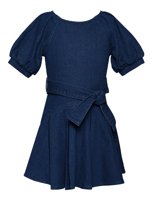DEMIM PUFF SLEEVE FIT & FLARE DRESS WITH SASH