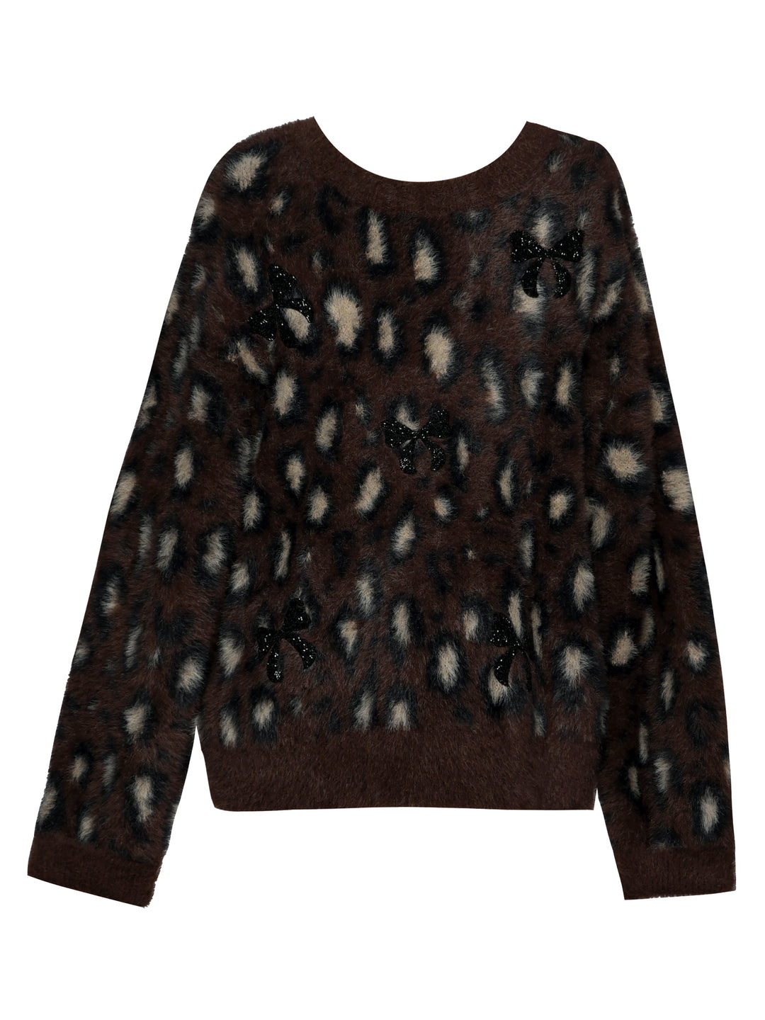 FUZZY CHEETAH  SWEATER W/ BOW APPLIQUES