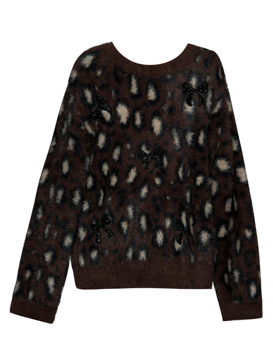 FUZZY CHEETAH  SWEATER W/ BOW APPLIQUES