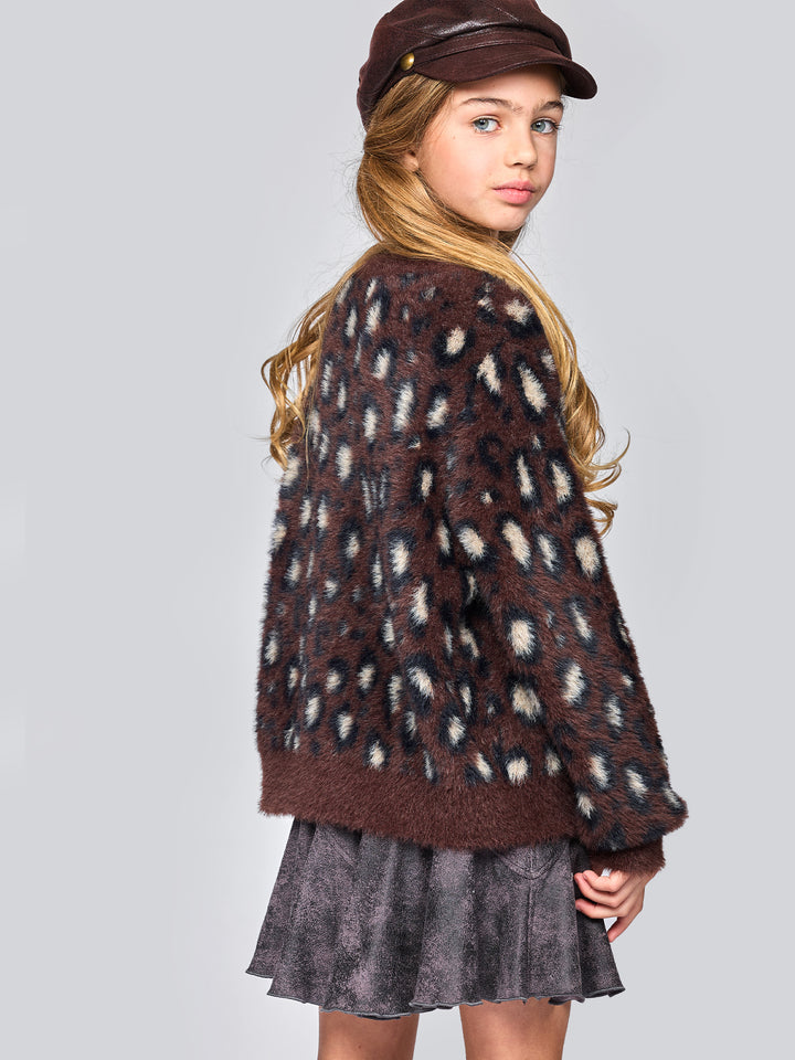 FUZZY CHEETAH  SWEATER W/ BOW APPLIQUES
