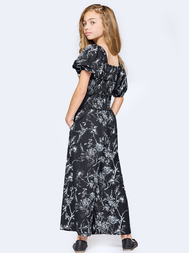 PRINTED JUMPSUIT WITH SMOCKED BODICE