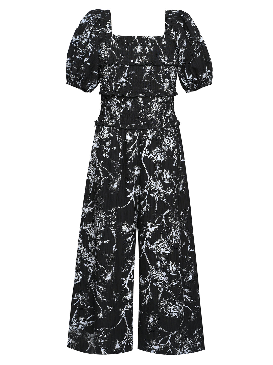 PRINTED JUMPSUIT WITH SMOCKED BODICE