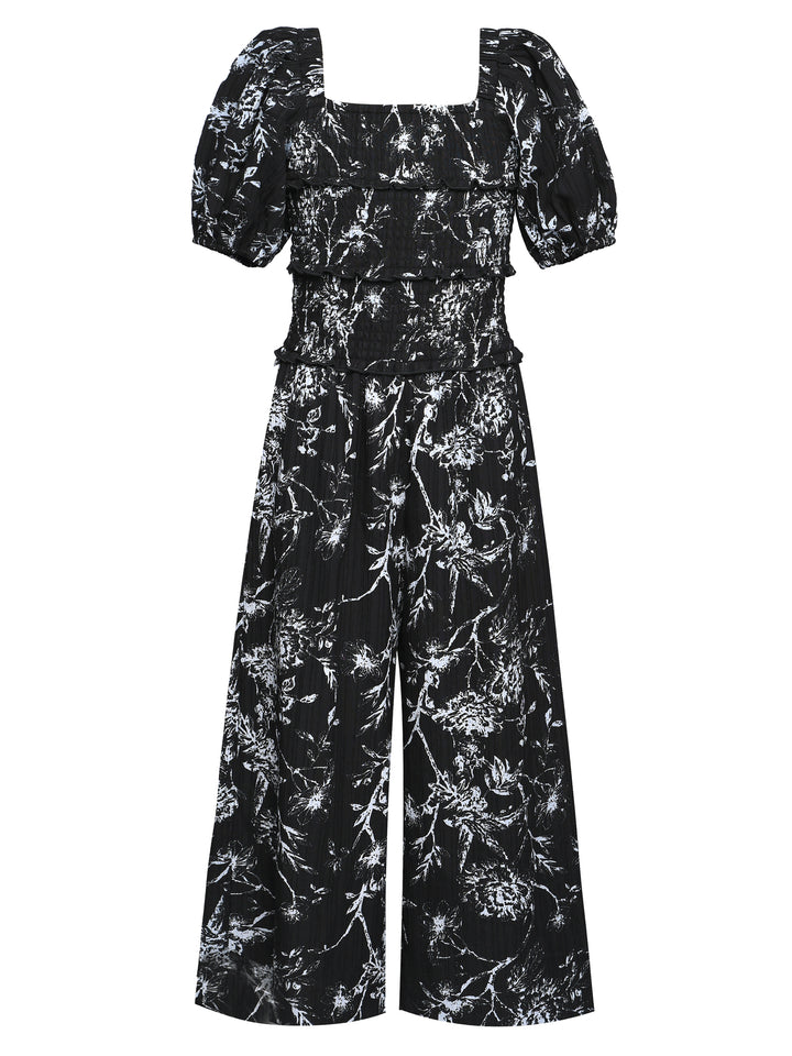 PRINTED JUMPSUIT WITH SMOCKED BODICE