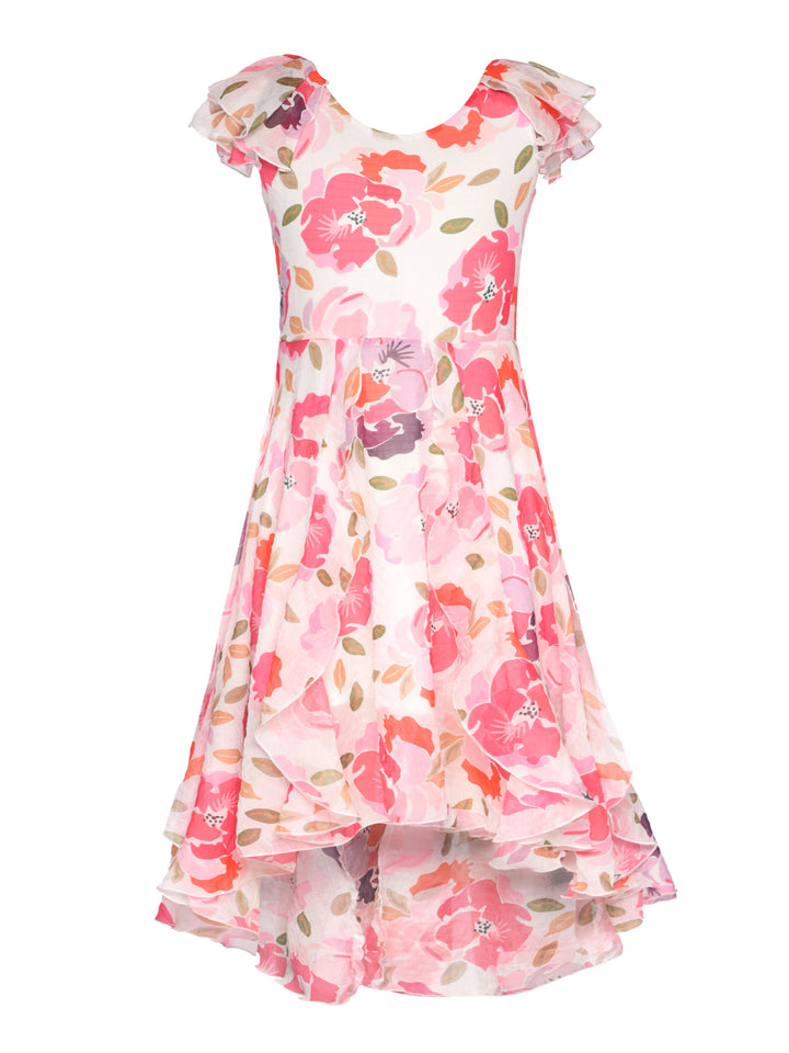 PRINTED MIDI DRESS WITH FLUTTER SLEEVES HIGH LOW HEM AND VERTICAL RUFFLES