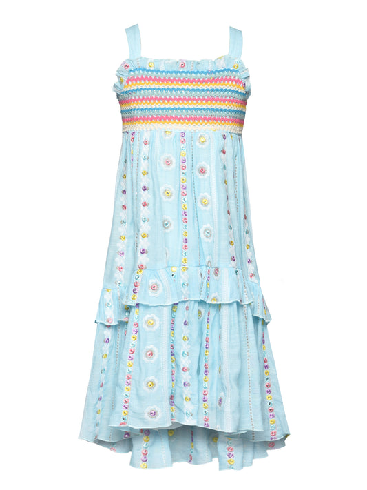 EMPIRE WAIST DRESS WITH HIGH LOW HEM AND EMBROIDERY DETAIL