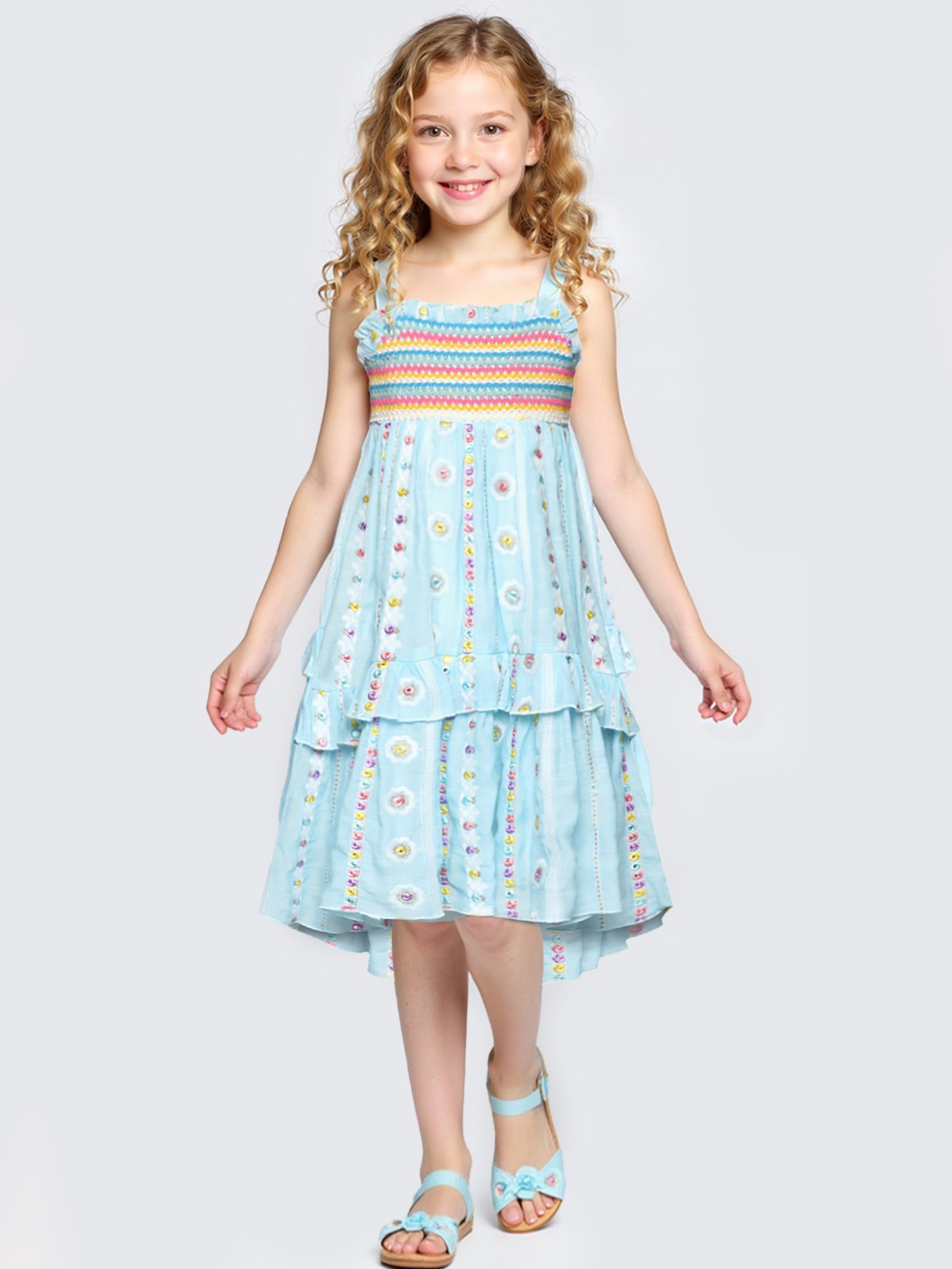 EMPIRE WAIST DRESS WITH HIGH LOW HEM AND EMBROIDERY DETAIL