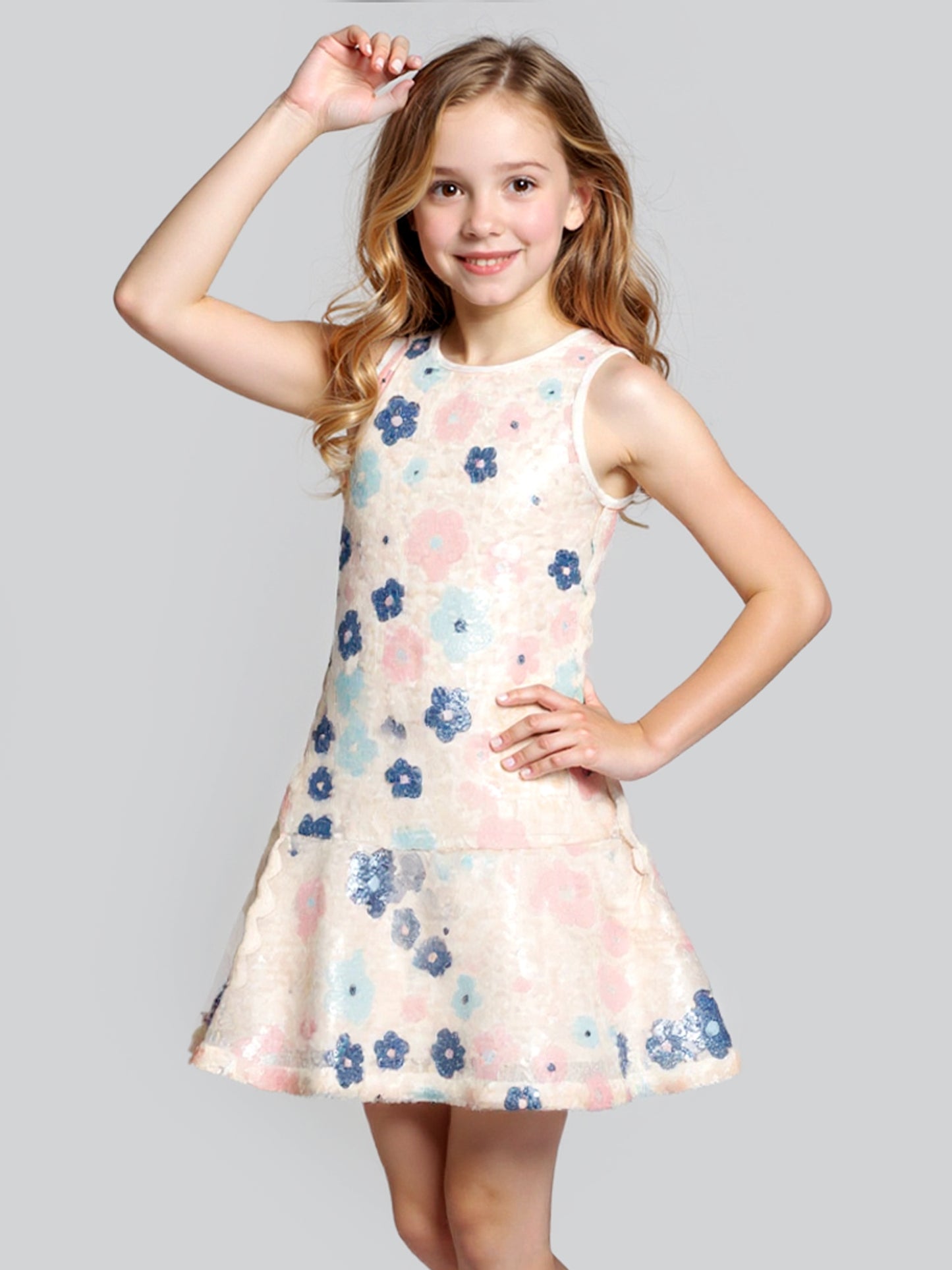 FLORAL SEQUIN DROP WAIST DRESS