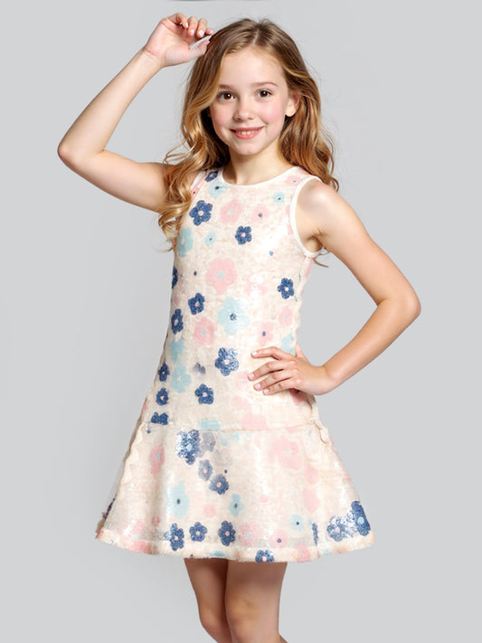 FLORAL SEQUIN DROP WAIST DRESS