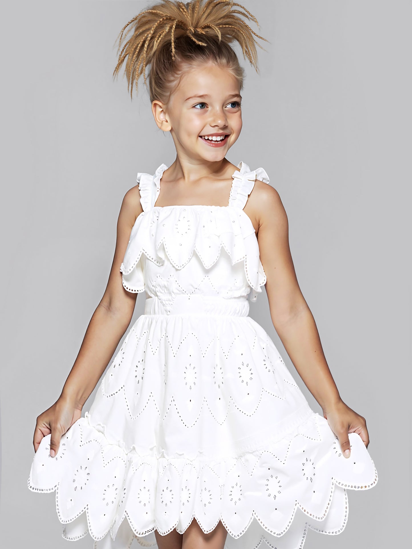 EYELET SCALLOP HEM DRESS