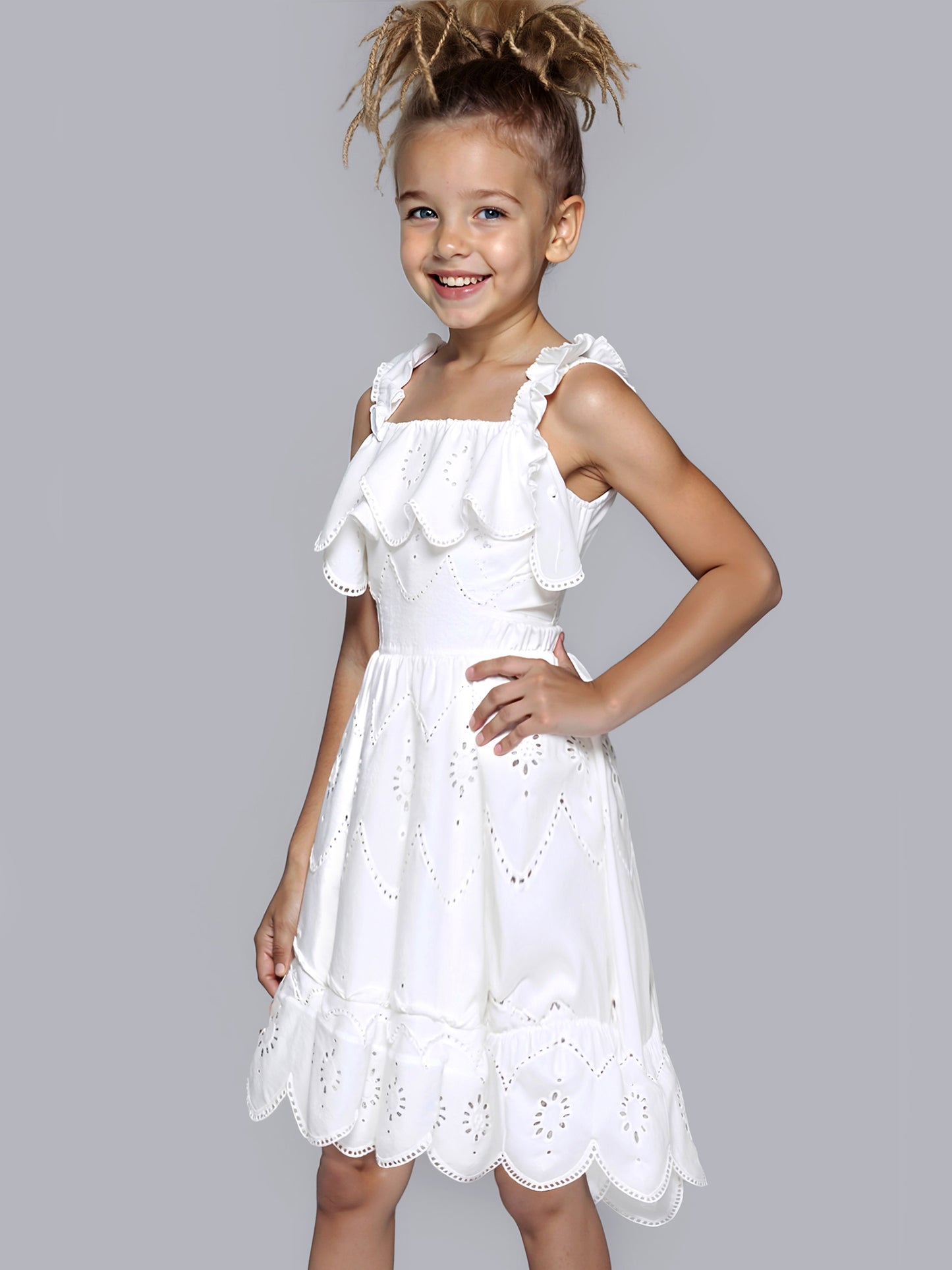 EYELET SCALLOP HEM DRESS