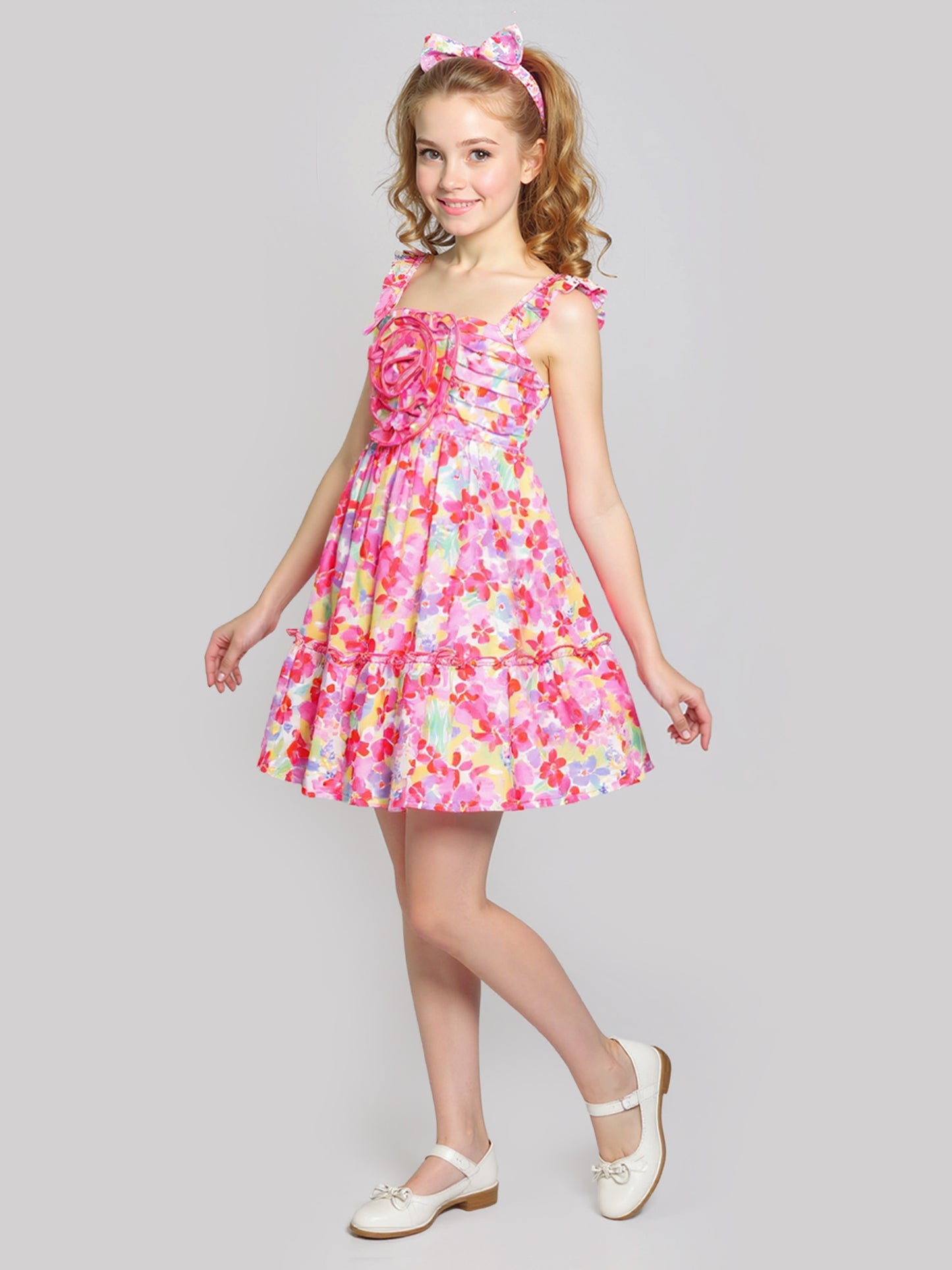 FLORAL PRINT DRESS W/ ROSETTE