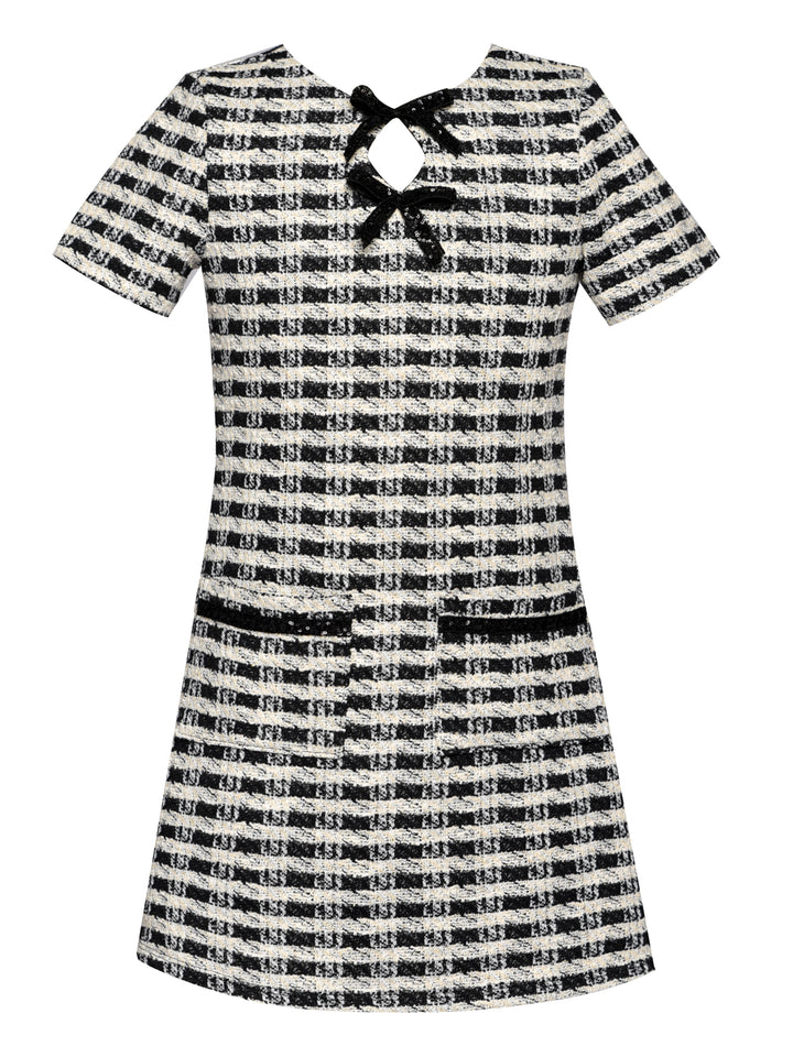 HOUNDSTOOTH A-LINE DRESS WITH SEQUIN TRIM