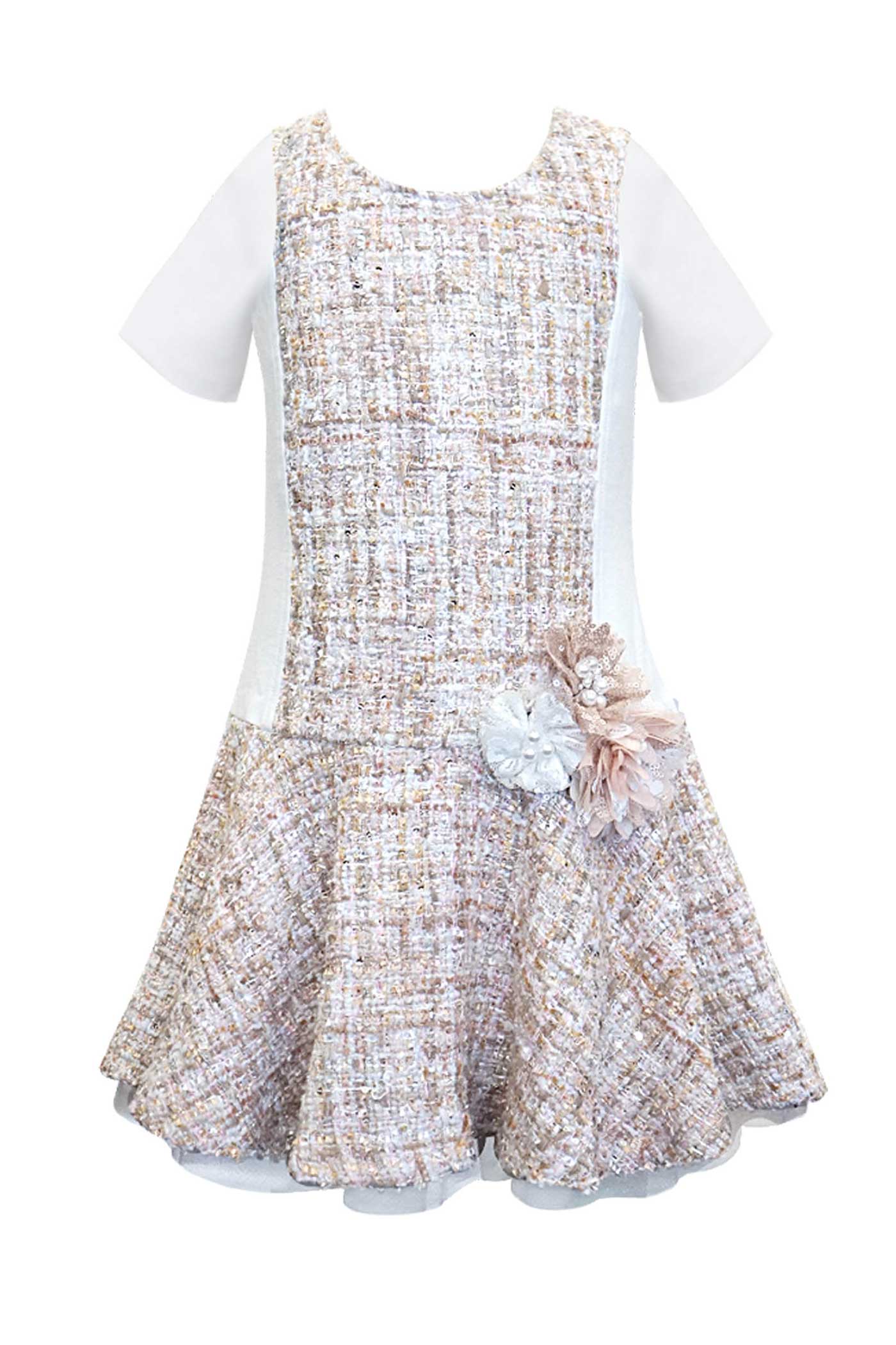 Girls Short Sleeve Dropped Waist Tweed Dress