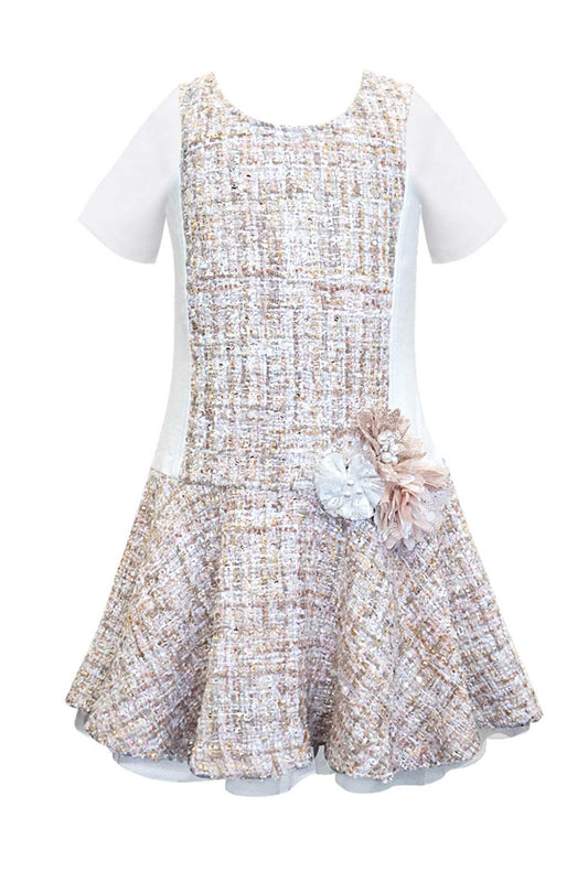 Girls Short Sleeve Dropped Waist Tweed Dress