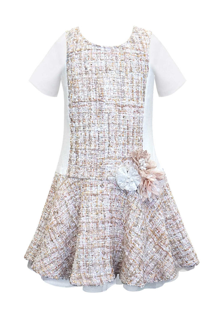 Girls Short Sleeve Dropped Waist Tweed Dress