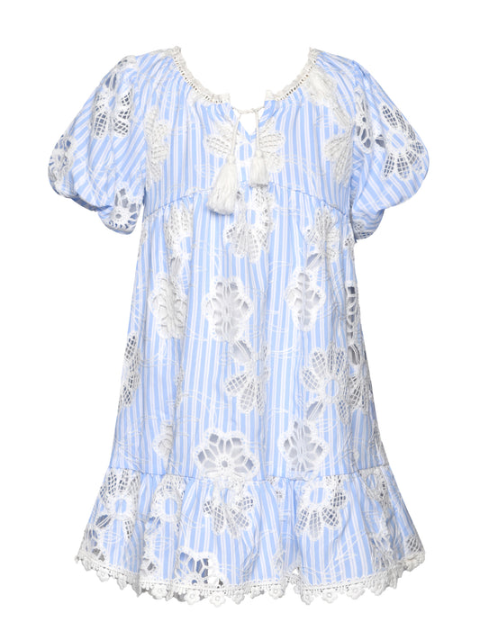 STRIPE-EYELET DRESS WITH BUBBLE SLEEVES