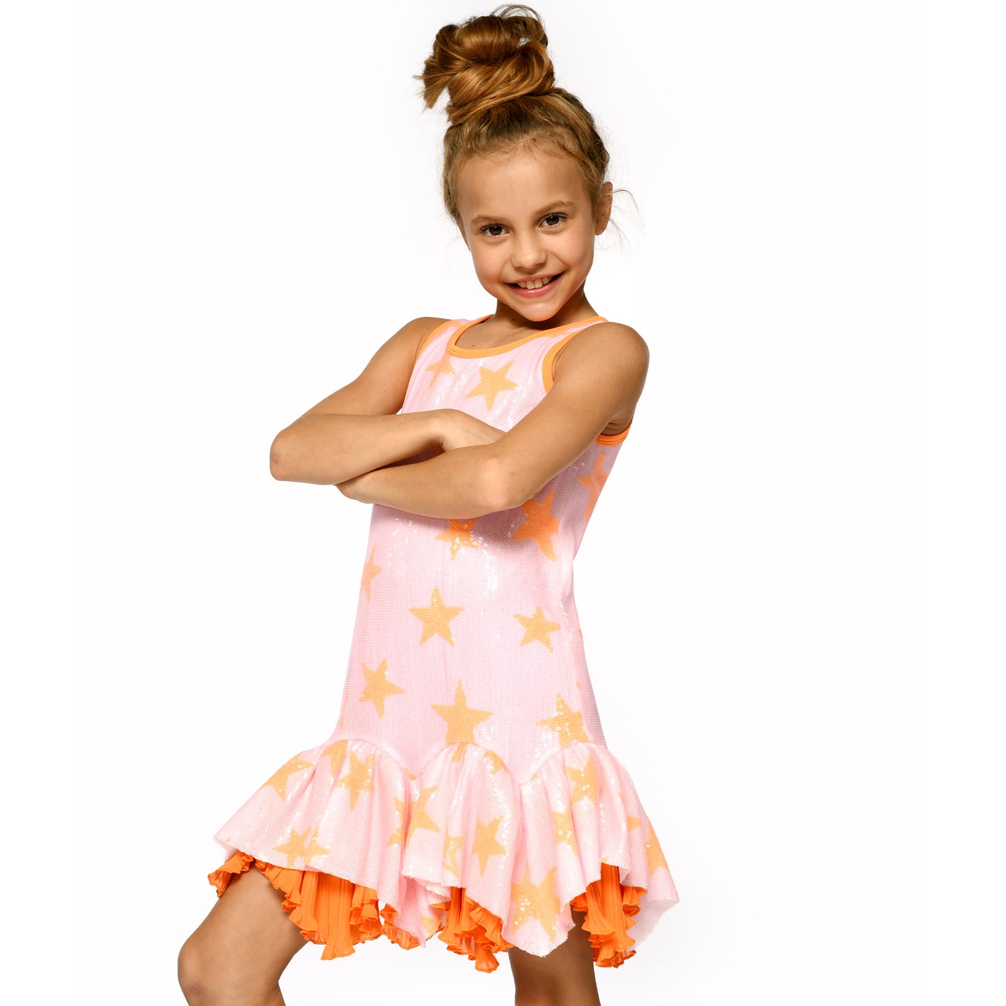 SEQUINED DRESS WITH ARCHED RUFFLES AT HEM