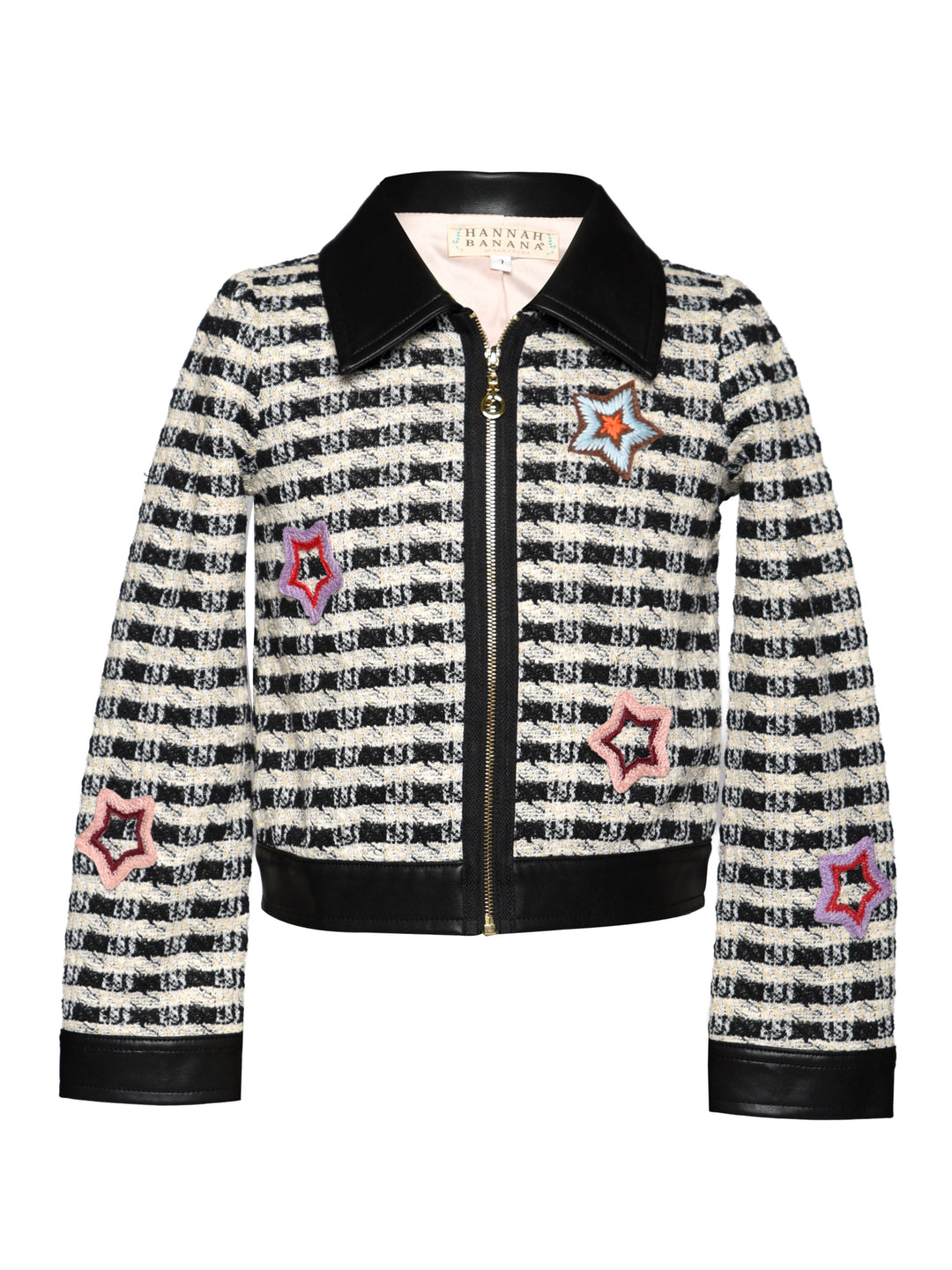FAUX LEATHER TRIMMED HOUNDSTOOTH JACKET WITH STAR PATCHES