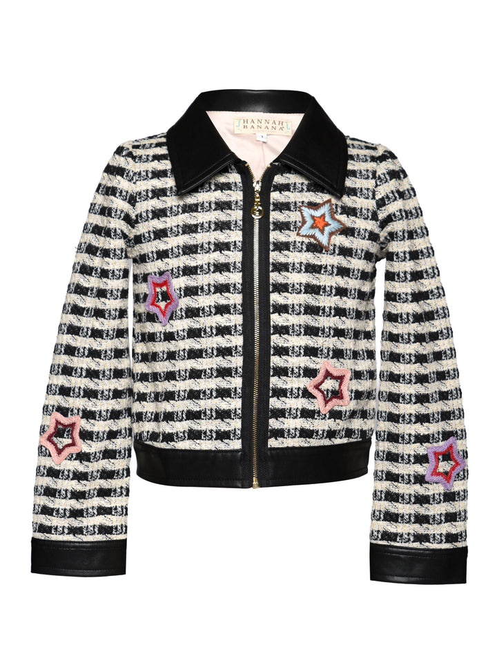 FAUX LEATHER TRIMMED HOUNDSTOOTH JACKET WITH STAR PATCHES