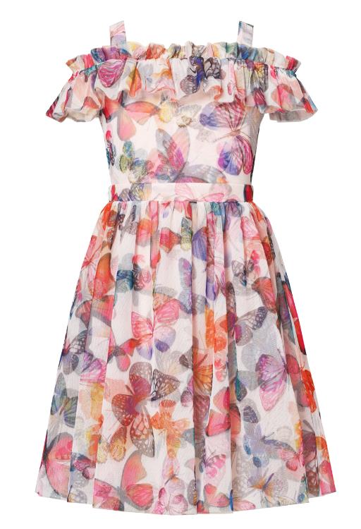 BUTTERFLY PRINT RUFFLED COLD SHOULDER MESH TUTU DRESS