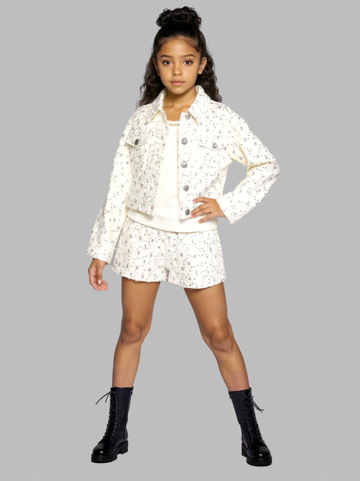 GLITTER DISTRESSED DENIM JACKET