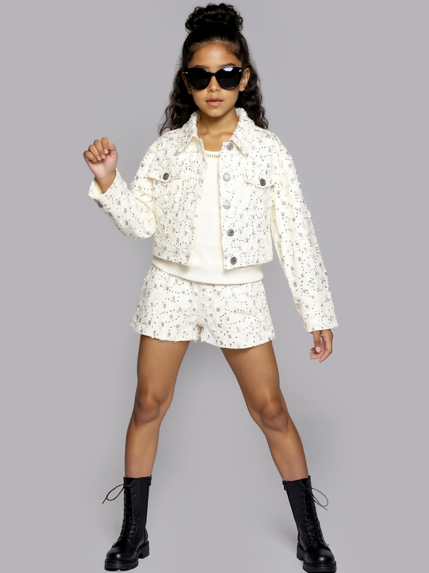 GLITTER DISTRESSED DENIM JACKET