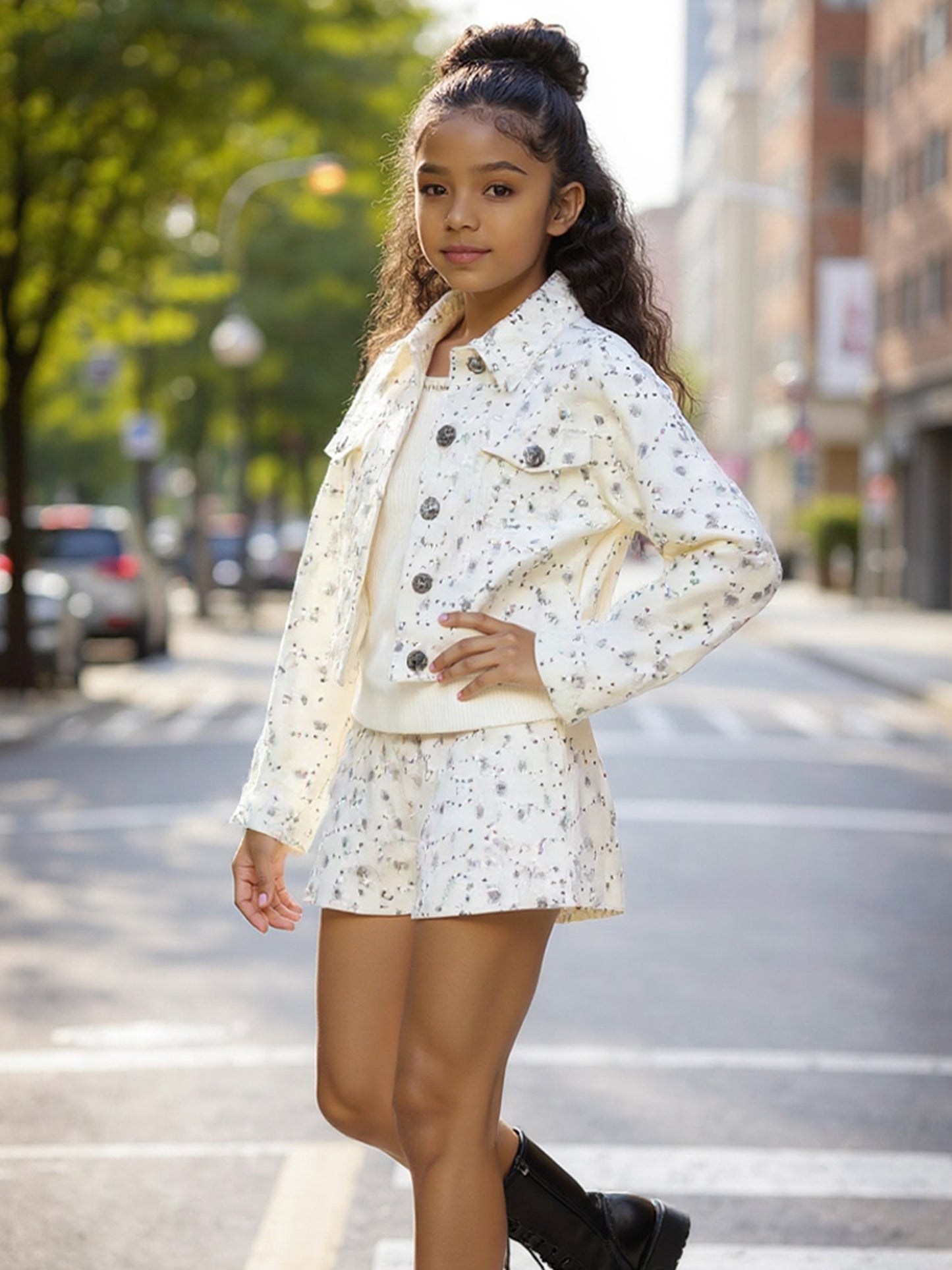 GLITTER DISTRESSED DENIM JACKET