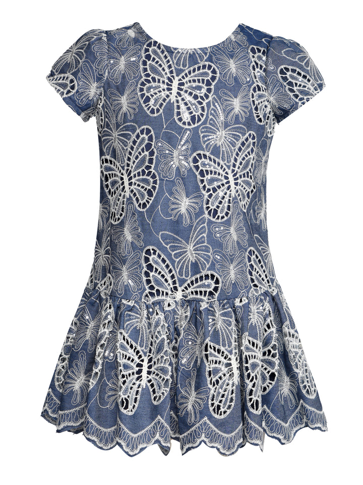 BUTTERFLY EMBROIDERED CHAMBRAY DRESS