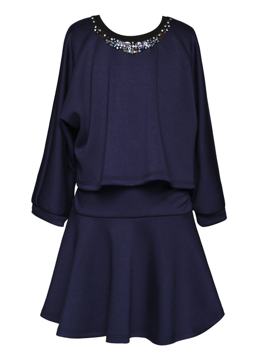 SCUBA TWOFER DRESS WITH EMBELLISHED NECKLINE