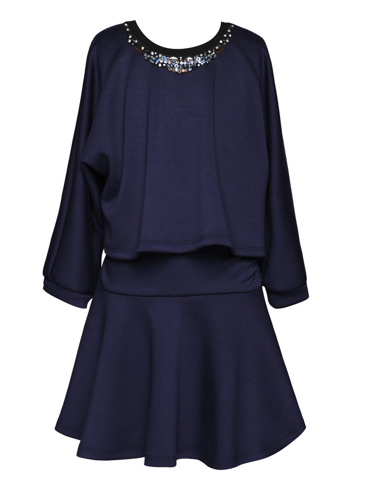SCUBA TWOFER DRESS WITH EMBELLISHED NECKLINE