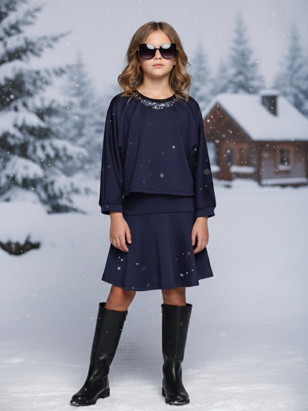 SCUBA TWOFER DRESS WITH EMBELLISHED NECKLINE