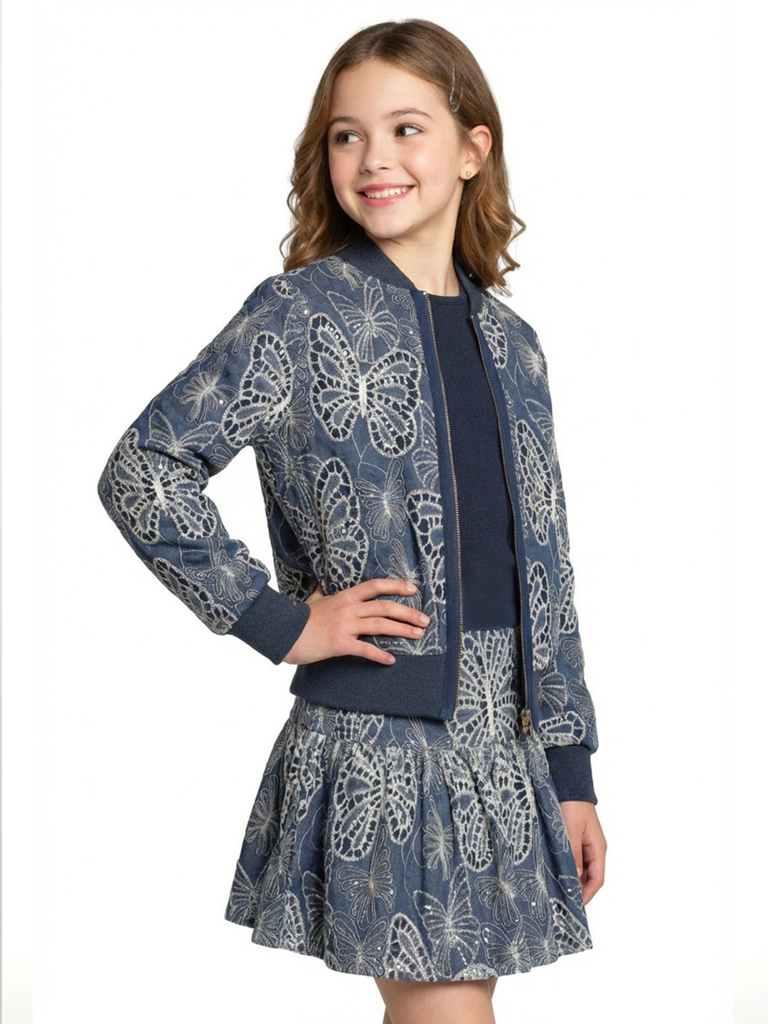 BUTTERFLY EMBROIDERED CHAMBRAY SKIRT