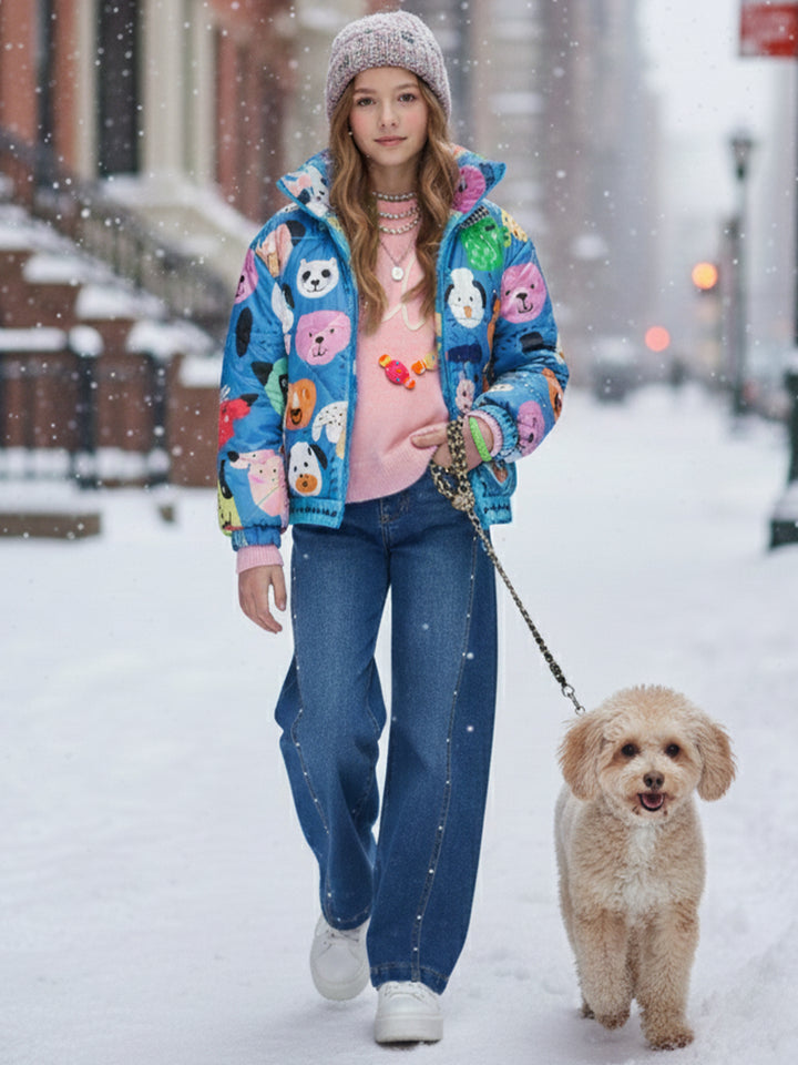 REVERSIBLE FLOWER & DOG PUFFER JACKET