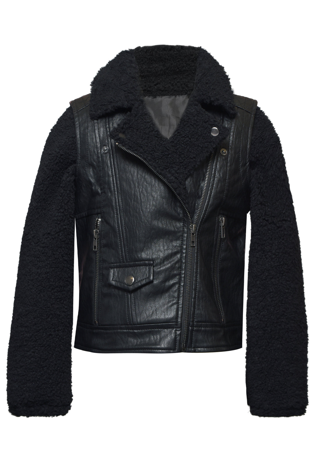 FAUX LEATHER AND SHERPA MOTO JACKET