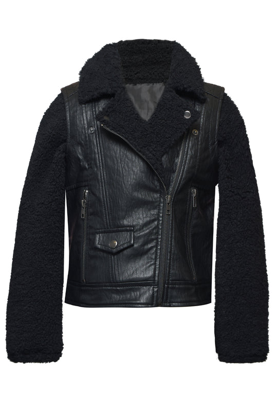 FAUX LEATHER AND SHERPA MOTO JACKET