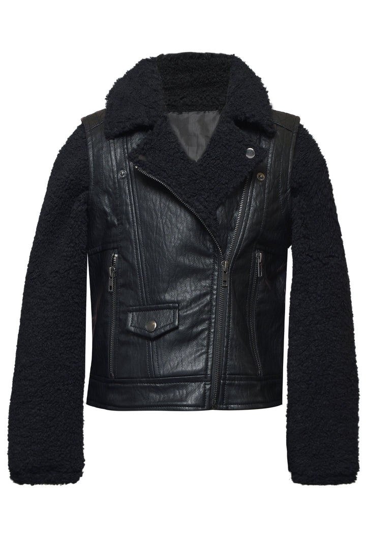 FAUX LEATHER AND SHERPA MOTO JACKET