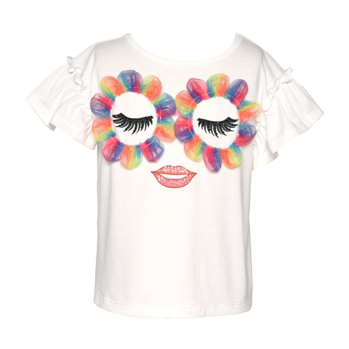RUFFLE SLEEVE TOP W/ FLOWER GLASSES GIRL PRINT