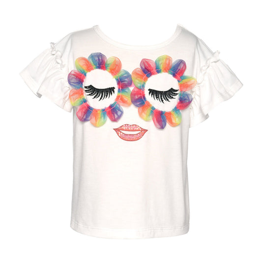 RUFFLE SLEEVE TOP W/ FLOWER GLASSES GIRL PRINT