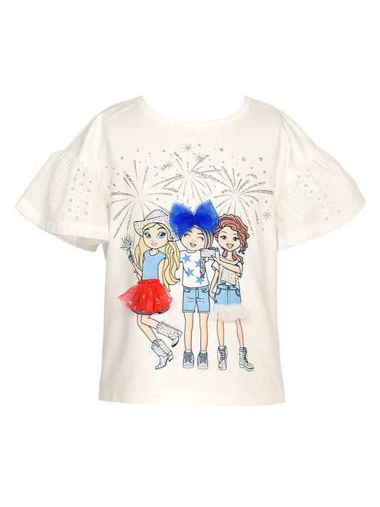 EYELET SLEEVE TOP W/ FRIENDS UNDER FIREWORKS GRAPHIC