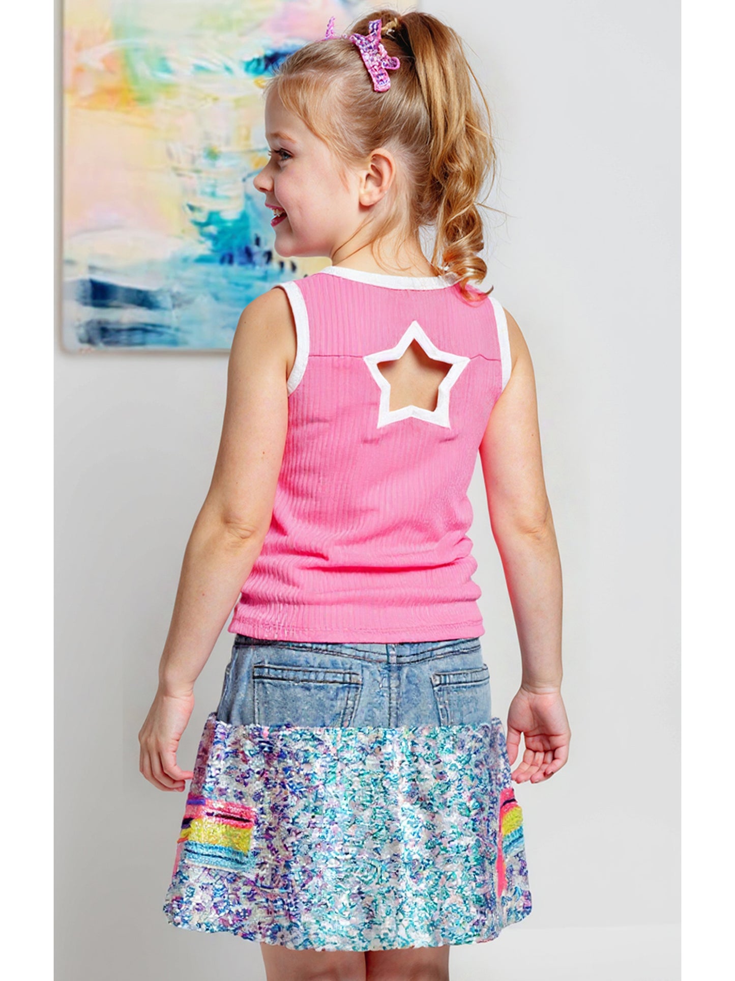 DENIM AND SEQUIN MINI SKIRT W/ PATCH TRIMS