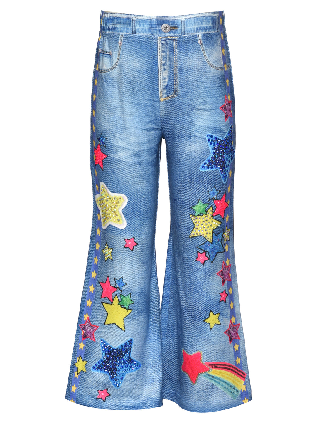 FLARED DENIM PRINTED PANTS