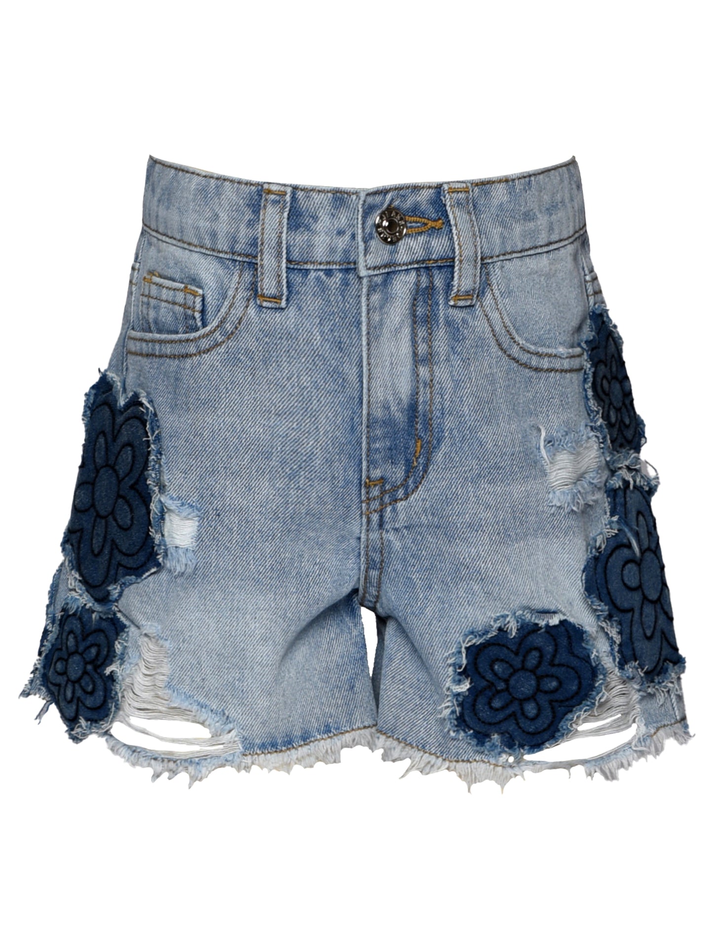 DENIM SHORTS W/ FLOWER PATCH DETAIL