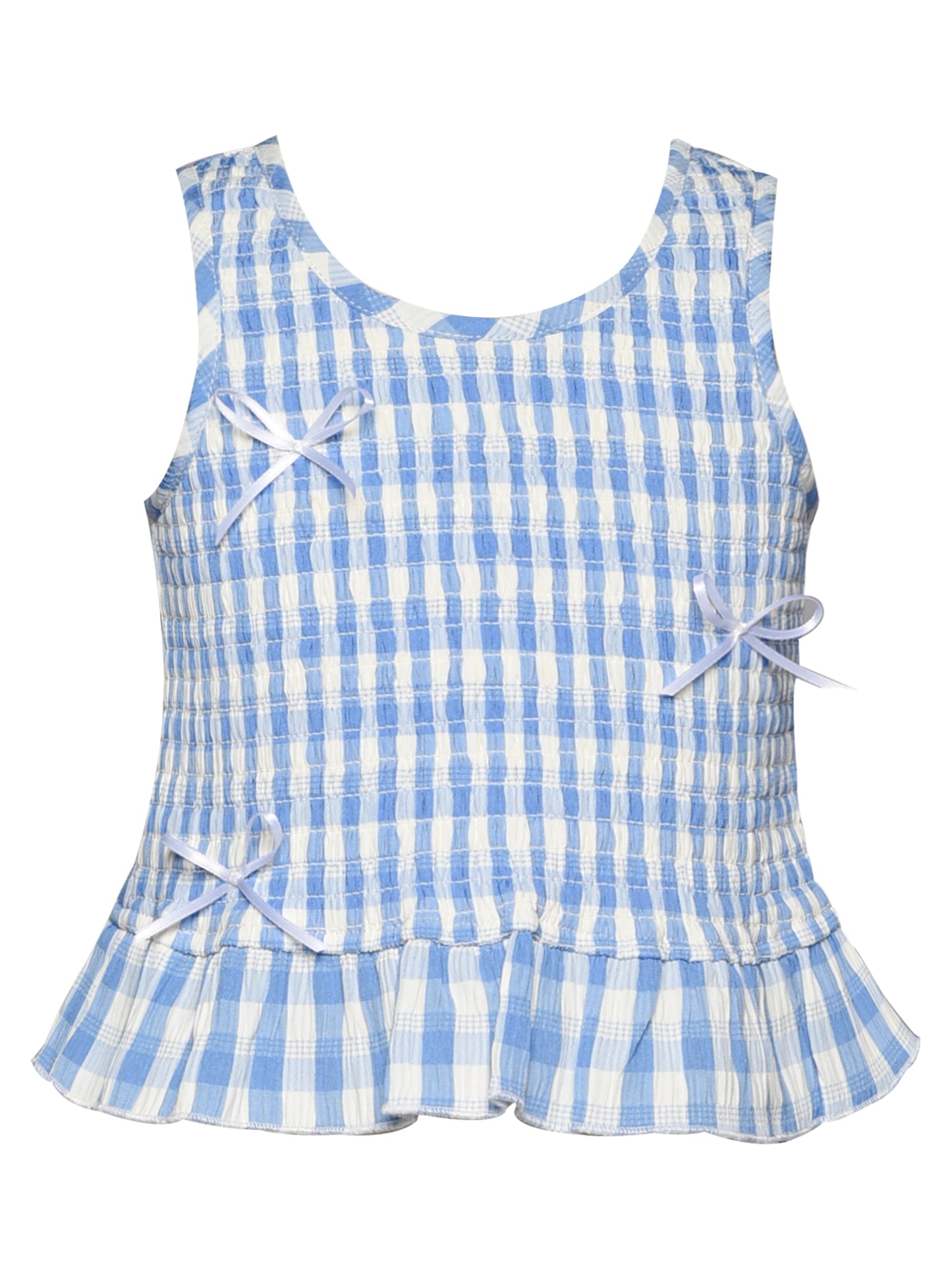 SMOCKED GINGHAM TOP W/ BOW DETAIL