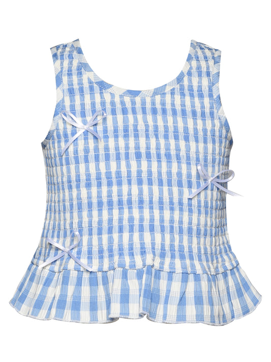 SMOCKED GINGHAM TOP W/ BOW DETAIL